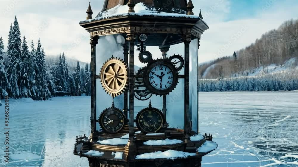 Poster unique clock tower standing in snowy landscape by a frozen lake generative ai