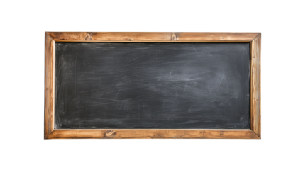 Blank blackboard in wooden frame isolated on transparent background. PNG file.