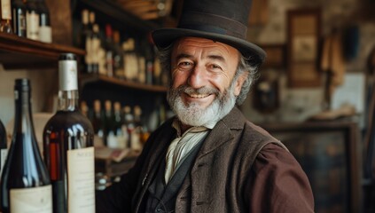 Friendly elderly bartender smiles among a collection of fine spirits in a cozy, vintage-style bar, showcasing a warm and inviting atmosphere.