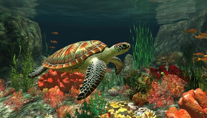 Obraz premium A sea turtle swims through a vibrant coral reef with colorful fish.