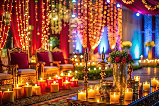Vibrant Indian wedding setup with stunning decorations, candlelight, and bokeh effects, creating a magical ambiance for a cultural program or music night celebration.