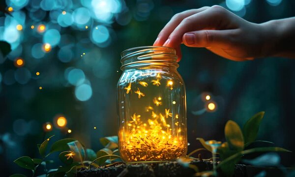 Fireflies in a jar at night