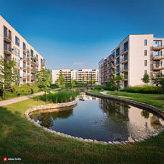 저층 아파트 단지 사이에 있는 작은 연못