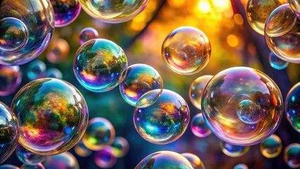 Vibrant iridescent soap bubbles suspended in mid-air, showcasing intricate swirling patterns and mesmerizing textured surfaces with soft, dreamy lighting and subtle background blur.