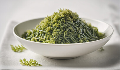 A bowl of green seaweed sits on a white table