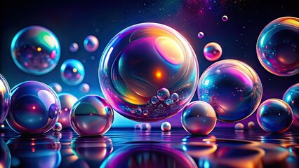 Naklejka premium Vibrant, iridescent spheres float against a dark, gradient background, their translucent, shimmering surfaces reflecting hues of pink, blue, and purple in a mesmerizing display.