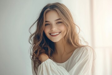 Joyful woman with flowing hair smiles warmly in soft sunlight while wearing a light blouse, creating an inviting atmosphere in a serene indoor setting