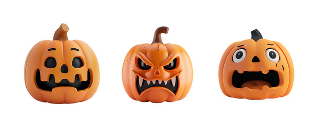 Collection Set of 3D Cartoon Halloween Pumpkin: Smiling, Angry, and Scared Jack-o-Lantern, Isolated on Transparent Background, PNG