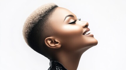 A radiant woman with a stylish short haircut smiles gracefully, showcasing her natural beauty against a minimalist white background, capturing the essence of confidence and elegance
