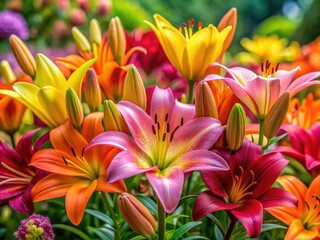 Fototapeta premium Vibrant lilies in shades of pink, orange, and yellow bloom against a soft, blurred backdrop of mixed flowers and lush green foliage.