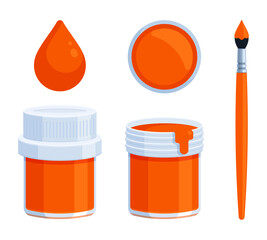 Set of orange paint bottle with brush and paint drop. Flat vector illustration isolated on white background. Tempera, gouache, acrylic, and watercolor painting concepts. Perfect for creative projects