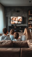 A family sits together on a couch in their living room, engaging with loved ones via a video call displayed on the TV