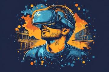 A surreal digital portrait of a person wearing a VR headset set against a vibrant background symbolizing the blend of creativity and modern digital technology in an abstract environment