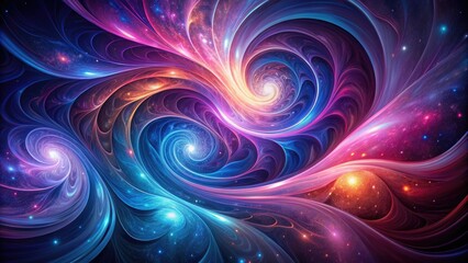Vibrant, mesmerizing abstract swirls of purple, pink, and blue hues dance across a dark background, evoking a sense of dynamic energy and cosmic movement.