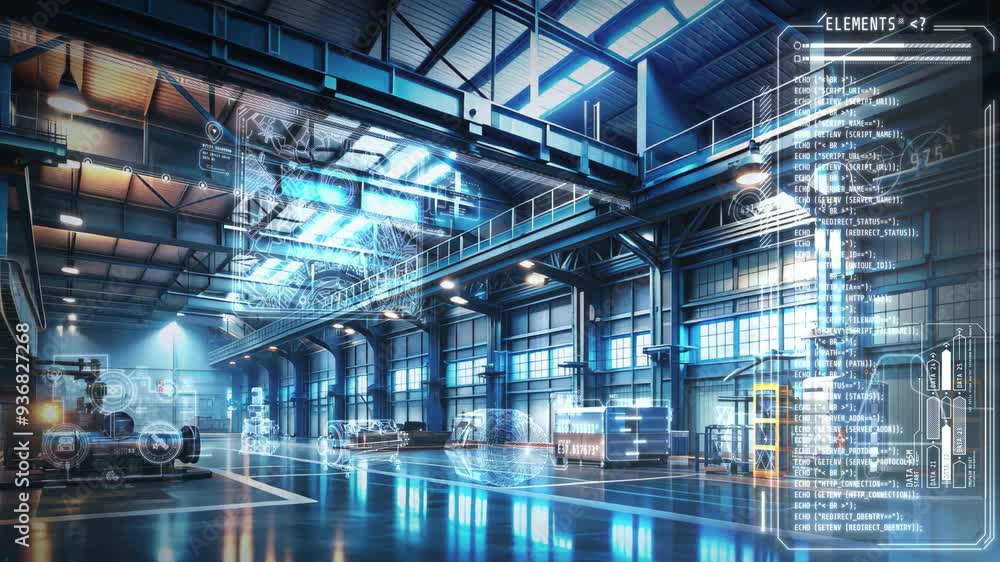 Poster animation depicting the concept of automated and digitalized production.