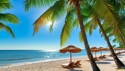 Sunny beach, palm trees and parasols create a tranquil scene