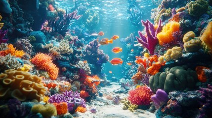Obraz premium A vibrant underwater scene with colorful coral reefs and orange fish swimming through a bright blue ocean.