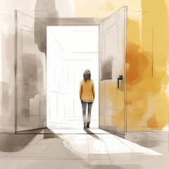 Fototapeta premium Illustration of a person walking inside an open door into a brightly lit room, symbolizing new beginnings and transitions.