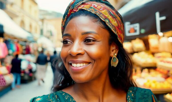 Vibrant Market SnorriCam Shot of Senegalese Woman Window Shopping