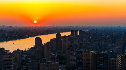 Obraz premium Cairo's Enchanting Sunset: Aerial Cityscape Amidst the Blues Moment, Glimmering Lights, and the Elegance of an Ancient Metropolis
