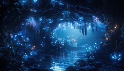 Fototapeta premium Bioluminescent plants glow in a dark, mysterious cave with an ethereal blue light and a still water pool.