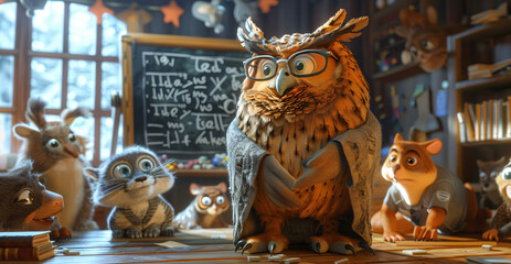Cute character owl teacher in the classroom