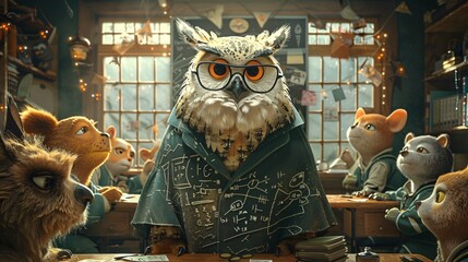 Cute character owl teacher in the classroom
