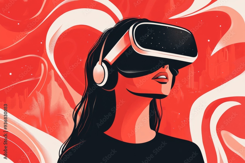 Poster stylized vector art of a woman engaged in a virtual reality experience depicted in bold red and blac