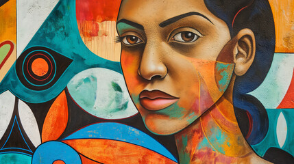 Latino Art: A poster featuring a mural or painting by a famous Latino artist, Hispanic Heritage Month, with copy space