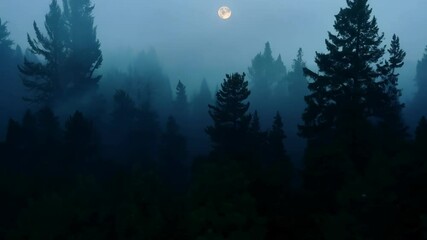 Mysterious forest shrouded in darkness and fog during twilight hours