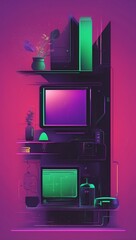 A minimal and strange illustration with a color scheme of deep purples, reds, greens, and black using an ombre purple background, a portrait of a smart home device with glowing indicators. 