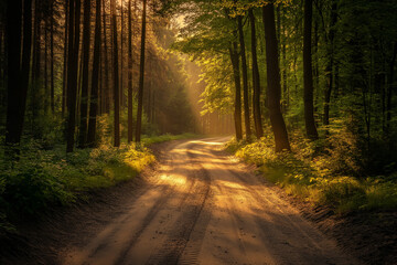 Fototapeta premium forest sand road in beautiful green forest in summer, generative AI