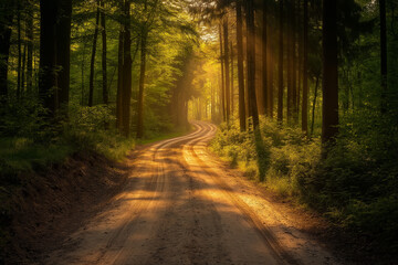 Naklejka premium forest sand road in beautiful green forest in summer, generative AI