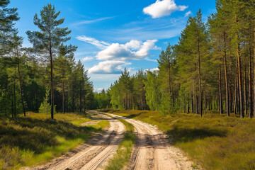 Obraz premium forest sand road in beautiful green forest in summer, generative AI
