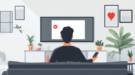 A viewer enjoys their favorite series on a streaming service while lounging comfortably in a stylish living space filled with plants