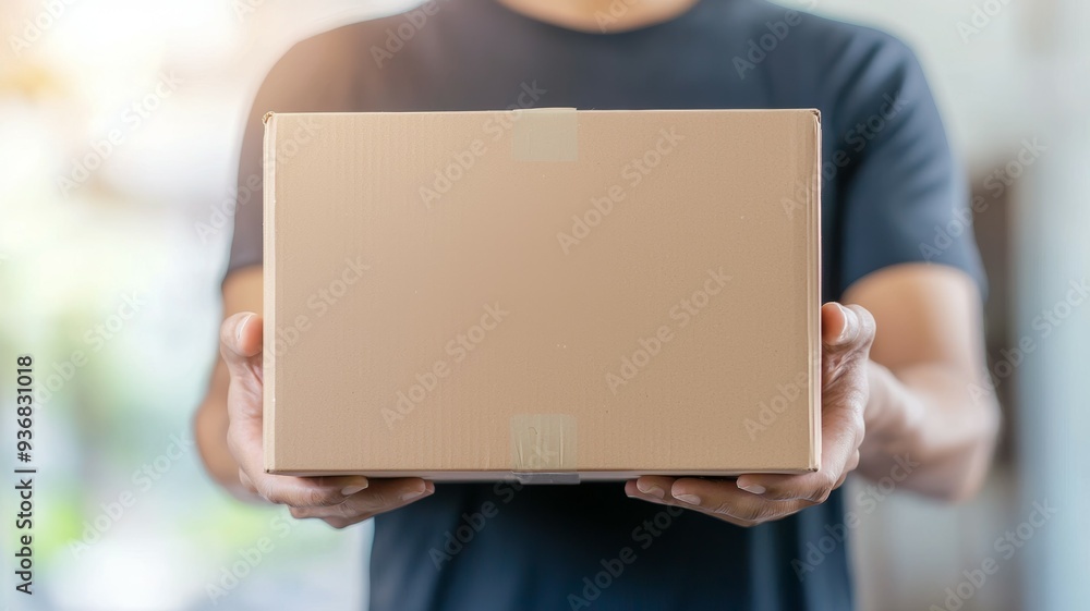 Canvas Prints A man is holding a cardboard box with a white label on it