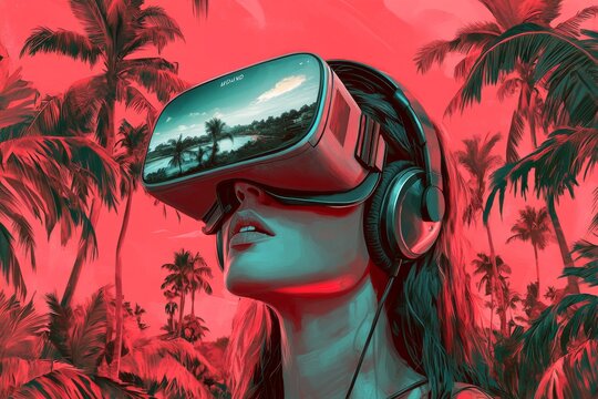 Playful vector illustration of a woman wearing a VR headset while enjoying a beachside vacation symbolizing the blend of digital adventures with real world relaxation and travel