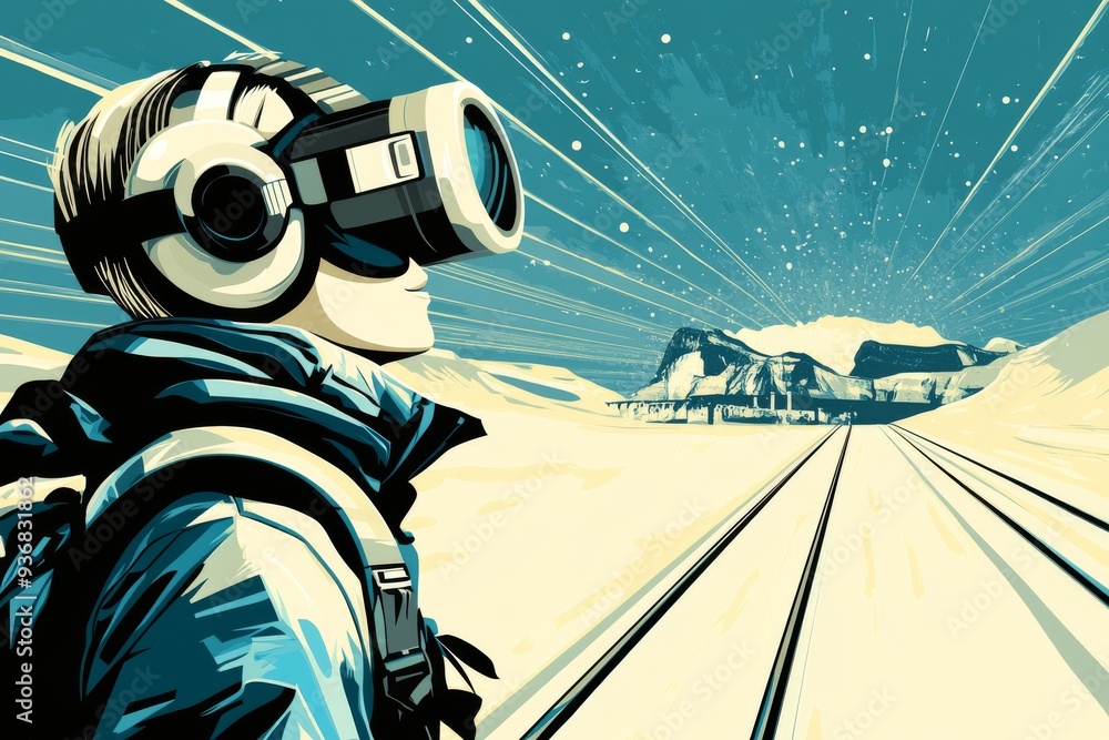 Poster futuristic depiction of a person in a vr headset set in a snowy landscape emphasizing the immersive 
