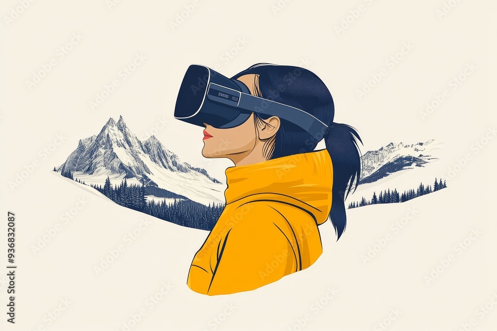 Poster illustration of a person wearing a vr headset set against a backdrop of snowy mountains symbolizing 