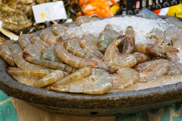 Assortment of fresh daily catch of prawns, seashells, molluscs on ice on fish market in Brittany, France, English translation: differens French names of seafood
