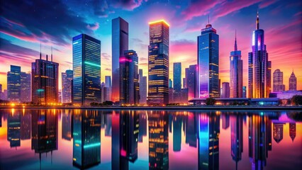 Obraz premium Vibrant neon lights illuminate a futuristic geometric cityscape at dusk, with sleek skyscrapers and abstract shapes reflecting a kaleidoscope of colors.