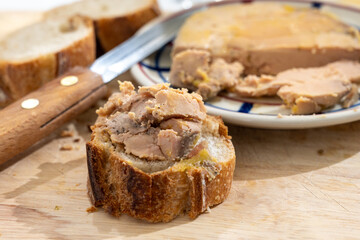 Foie gras fat liver specialty food product made of liver of a duck or goose fattened by gavage, force feeding, served in French restaurant in Perigoed, Dordogne, close up