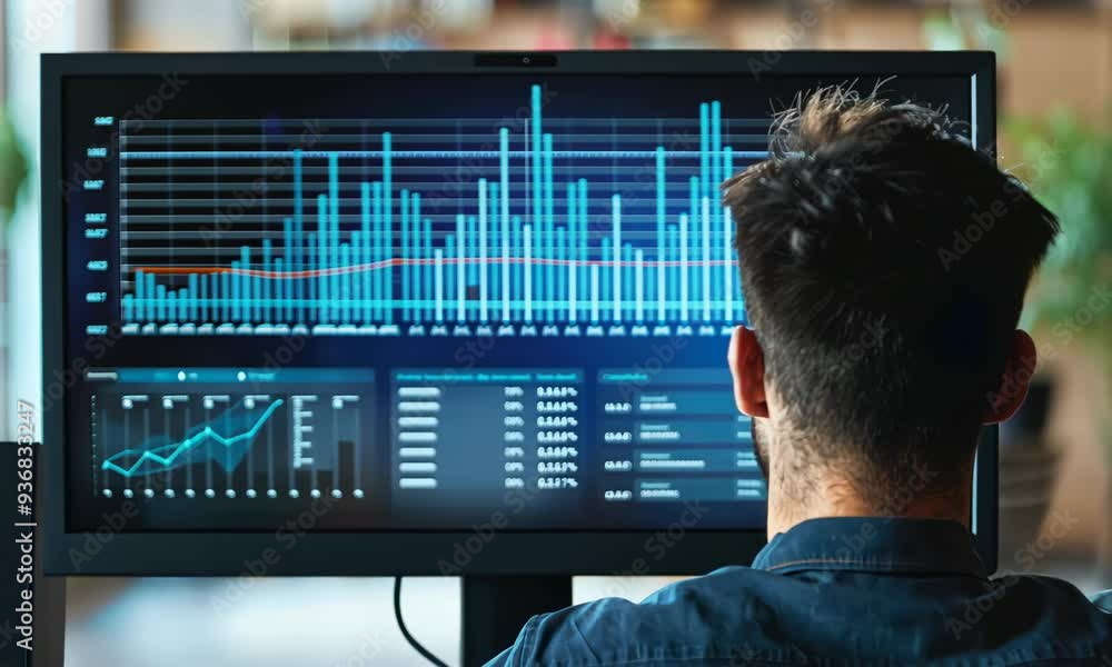 Poster man analyzing financial data on computer screens in a dark office