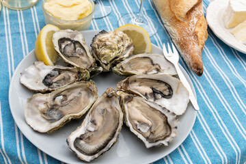 Plate with fresh live oysters with citron, bread, butter and white wine served at restaurant in oyster-farming village, Arcachon bay, Gujan-Mestras port, France