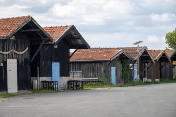 Travelling in France, old wooden huts and oysters farms in Gujan-Mestras village, cultivation and...