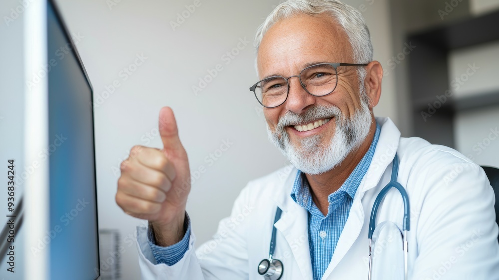 Poster a smiling man in a white lab coat is giving a thumbs up to a computer monitor