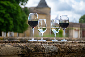Glasses of white and red wine in old wine domain on Graves vineyards in Portets village and old castle on background, Bordeaux, France