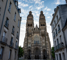 Tours street view, city on Central Loire valley, cathedral of Tours, dedicated to Saint Gatien,...