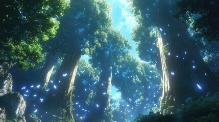 Mystical forest with glowing particles floating between tall trees and a bright sky overhead.