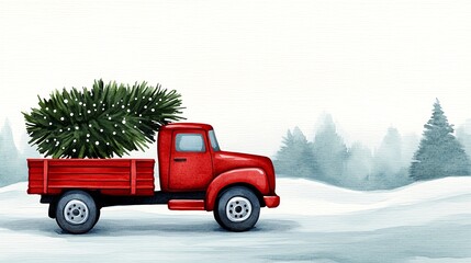 A charming red truck carrying a Christmas tree through a snowy landscape, perfect for holiday and winter-themed designs.